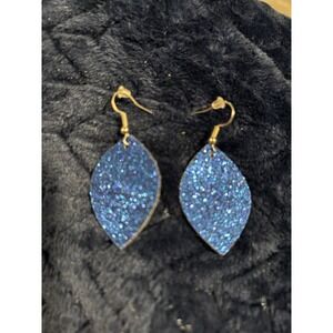 Blue Sparkles Teardrop Faux Leather Drop Hook Earrings